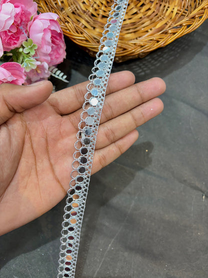 Real Mirror Lace Border – 9 Meters, 1-Inch Handcrafted Reflective Trim for Sarees, Lehengas & Dupattas - Light Gold