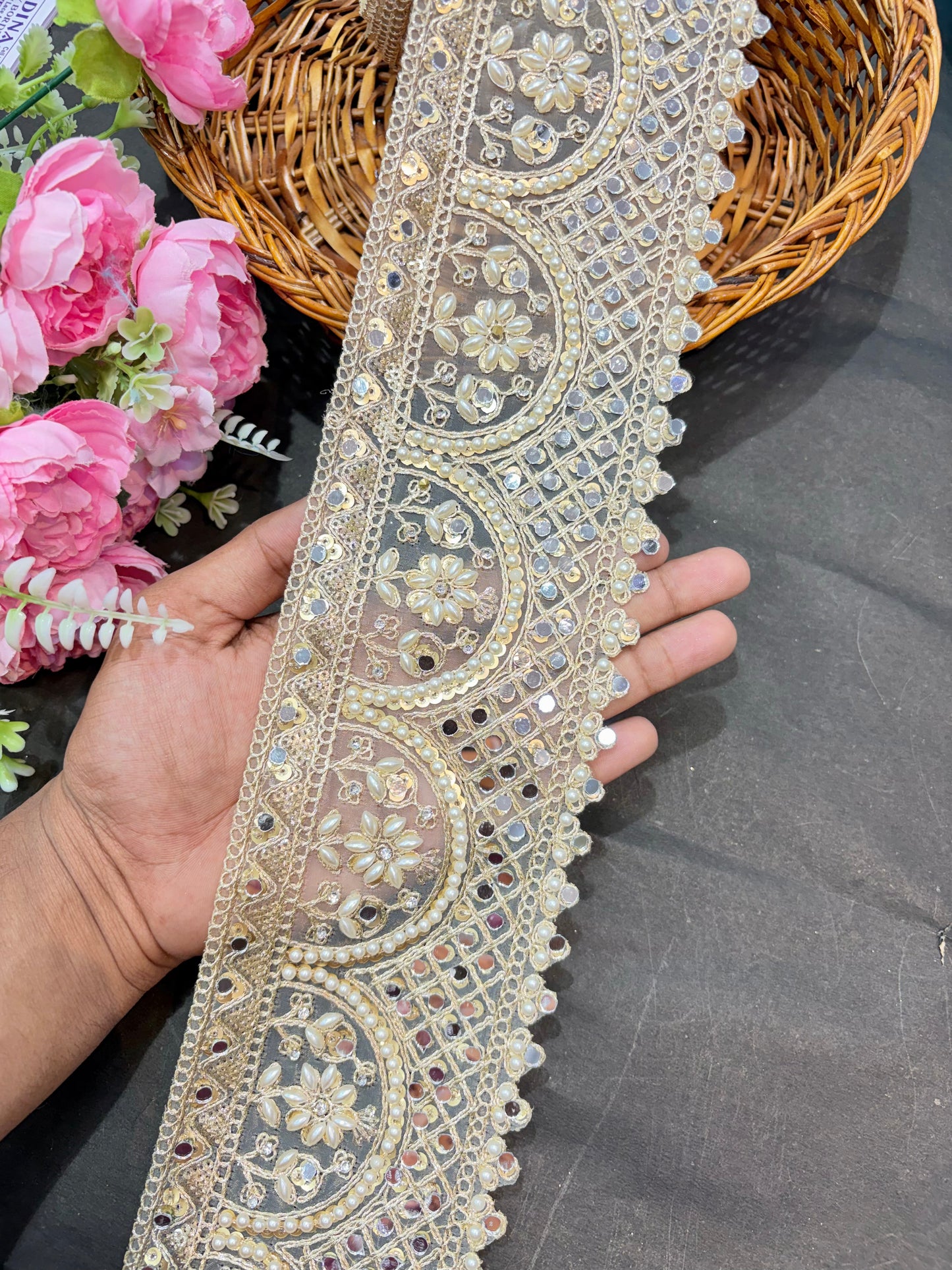 Beautiful Real Mirror Lace with Rhinestones – Premium Designer Border for Sarees, Dupattas & Lehengas (9 Meter, 5 Inch Width) |