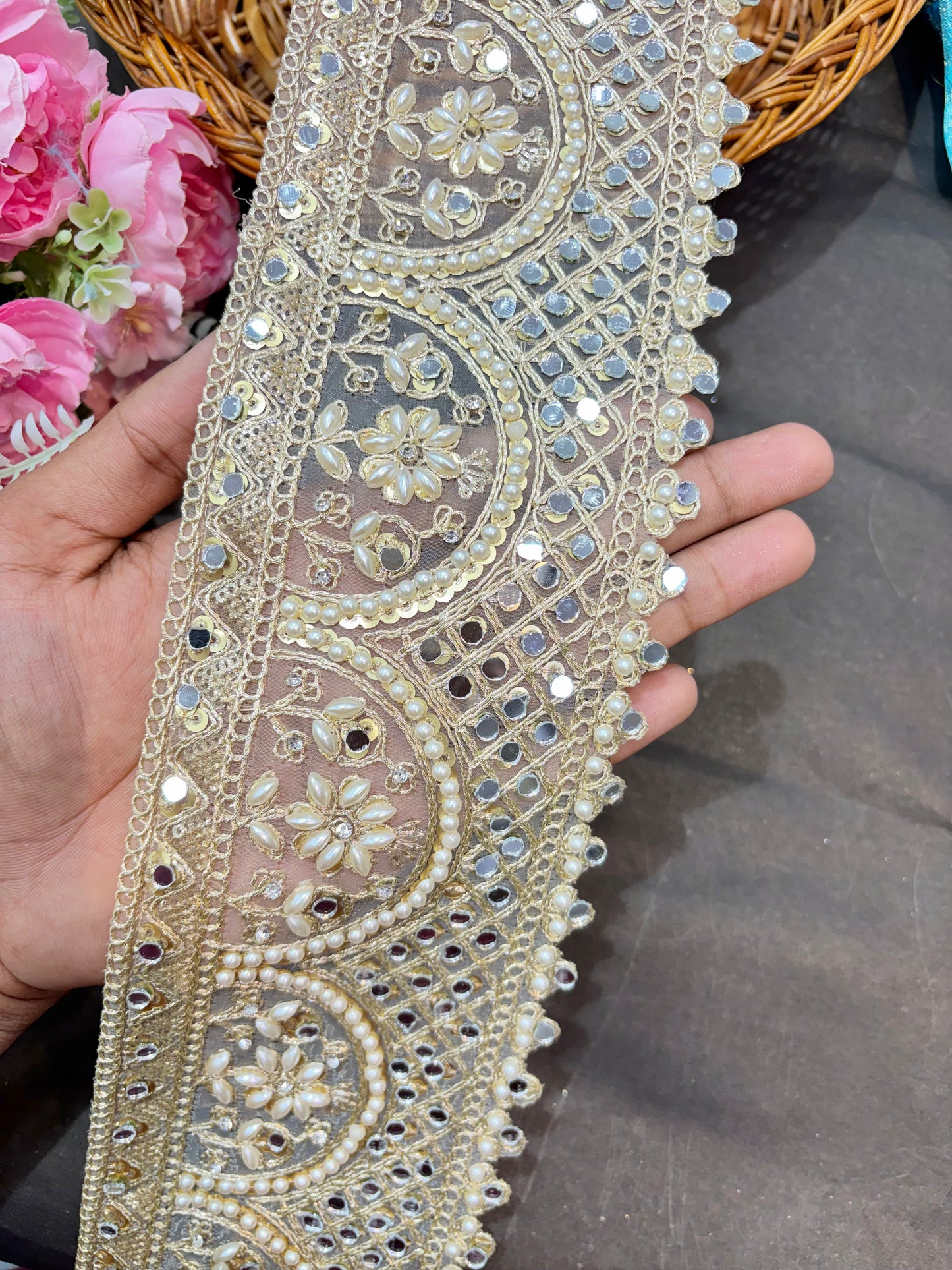 Beautiful Real Mirror Lace with Rhinestones – Premium Designer Border for Sarees, Dupattas & Lehengas (9 Meter, 5 Inch Width) |