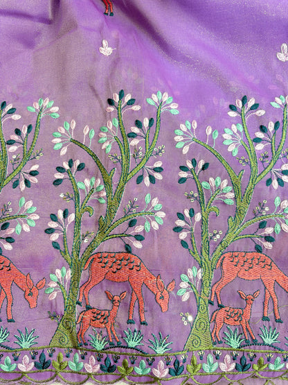 Premium tissue Embroidered Border Fabric – Designer Wildlife & Floral Work 44inch width