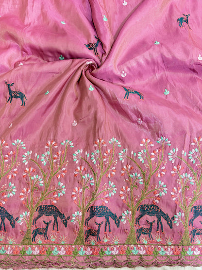 Premium tissue Embroidered Border Fabric – Designer Wildlife & Floral Work 44inch width