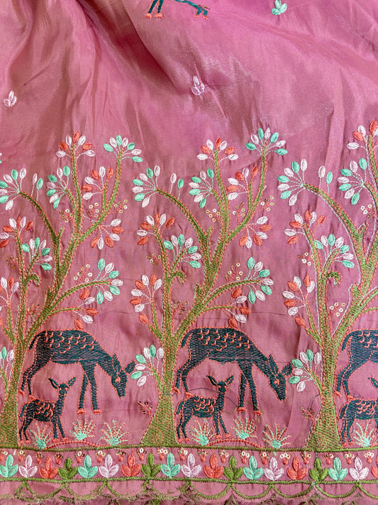 Premium tissue Embroidered Border Fabric – Designer Wildlife & Floral Work 44inch width