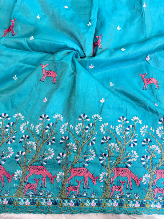 Premium tissue Embroidered Border Fabric – Designer Wildlife & Floral Work 44inch width