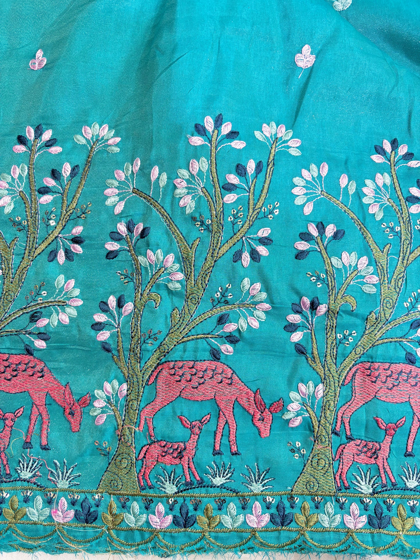 Premium tissue Embroidered Border Fabric – Designer Wildlife & Floral Work 44inch width