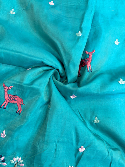 Premium tissue Embroidered Border Fabric – Designer Wildlife & Floral Work 44inch width