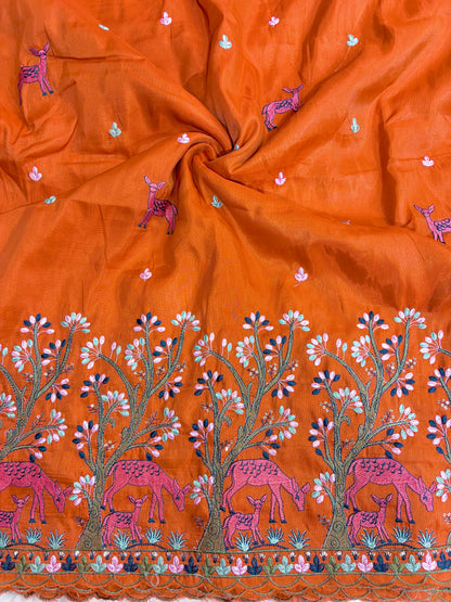 Premium tissue Embroidered Border Fabric – Designer Wildlife & Floral Work 44inch width