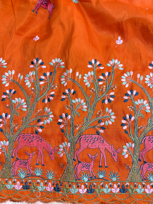 Premium tissue Embroidered Border Fabric – Designer Wildlife & Floral Work 44inch width