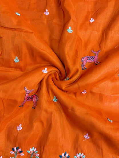 Premium tissue Embroidered Border Fabric – Designer Wildlife & Floral Work 44inch width