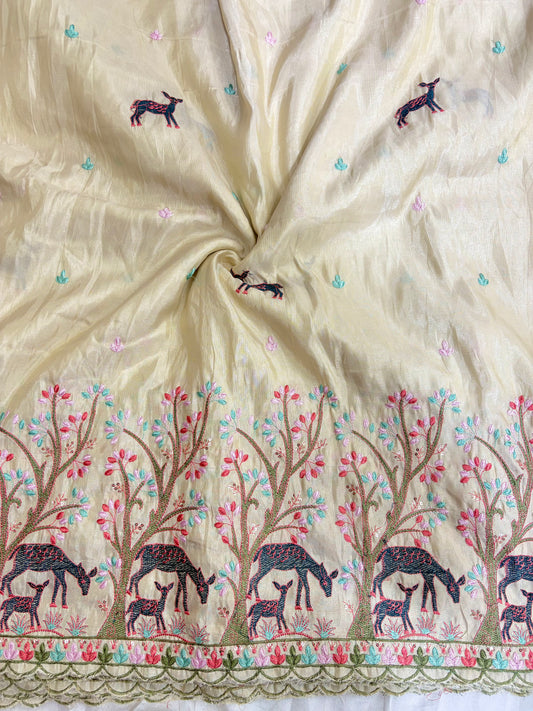 Premium tissue Embroidered Border Fabric – Designer Wildlife & Floral Work 44inch width