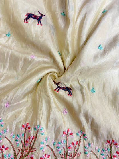 Premium tissue Embroidered Border Fabric – Designer Wildlife & Floral Work 44inch width