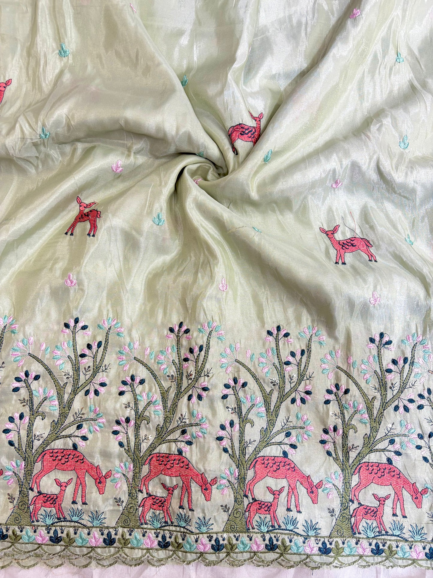 Premium tissue Embroidered Border Fabric – Designer Wildlife & Floral Work 44inch width