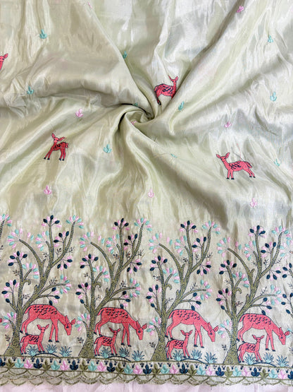 Premium tissue Embroidered Border Fabric – Designer Wildlife & Floral Work 44inch width