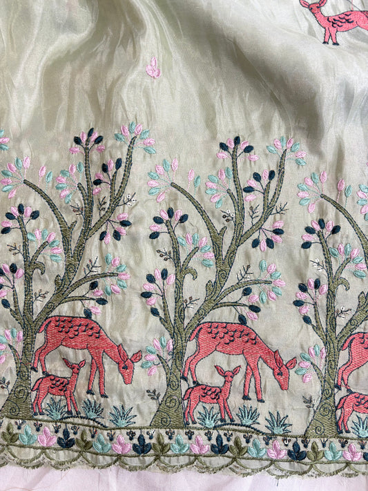 Premium tissue Embroidered Border Fabric – Designer Wildlife & Floral Work 44inch width