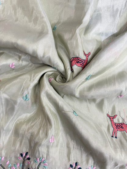 Premium tissue Embroidered Border Fabric – Designer Wildlife & Floral Work 44inch width