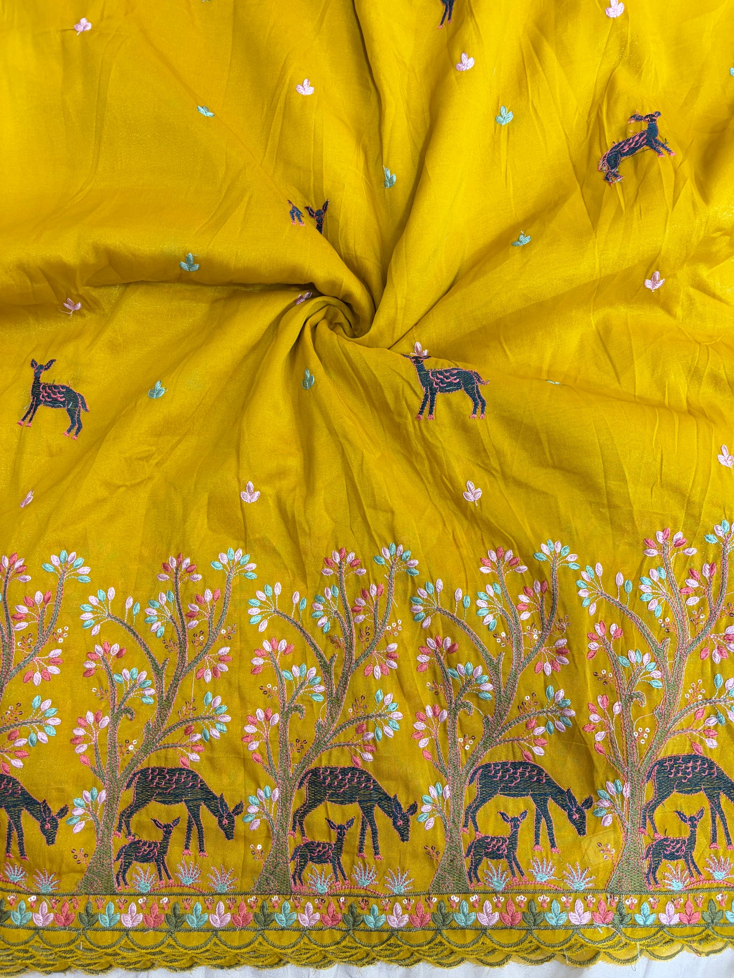 Premium tissue Embroidered Border Fabric – Designer Wildlife & Floral Work 44inch width