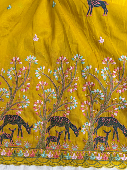 Premium tissue Embroidered Border Fabric – Designer Wildlife & Floral Work 44inch width