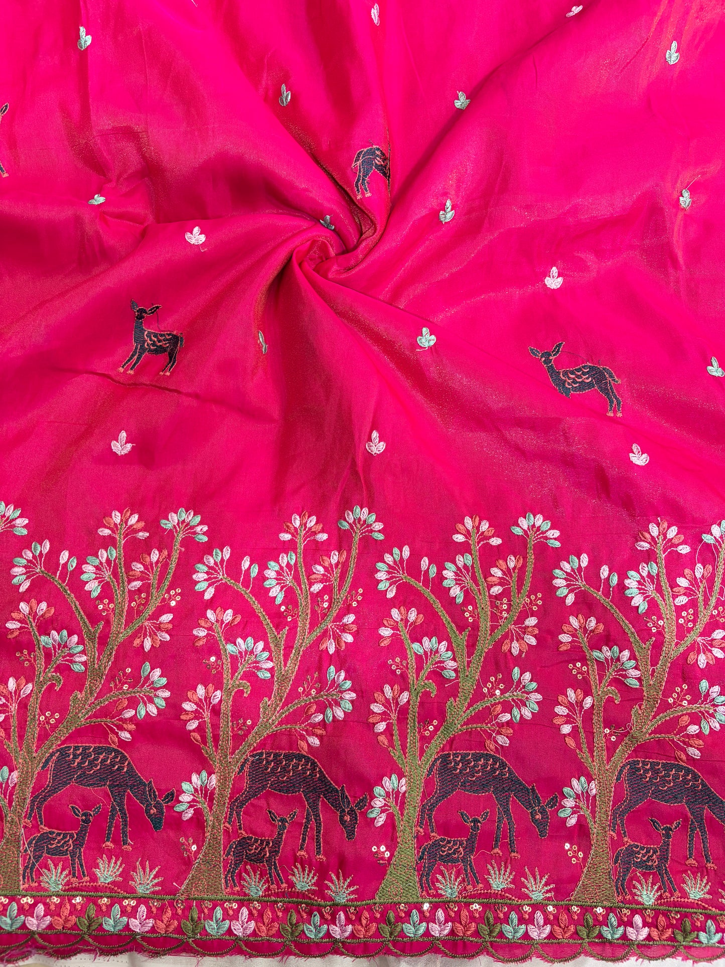 Premium tissue Embroidered Border Fabric – Designer Wildlife & Floral Work 44inch width