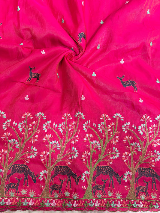 Premium tissue Embroidered Border Fabric – Designer Wildlife & Floral Work 44inch width