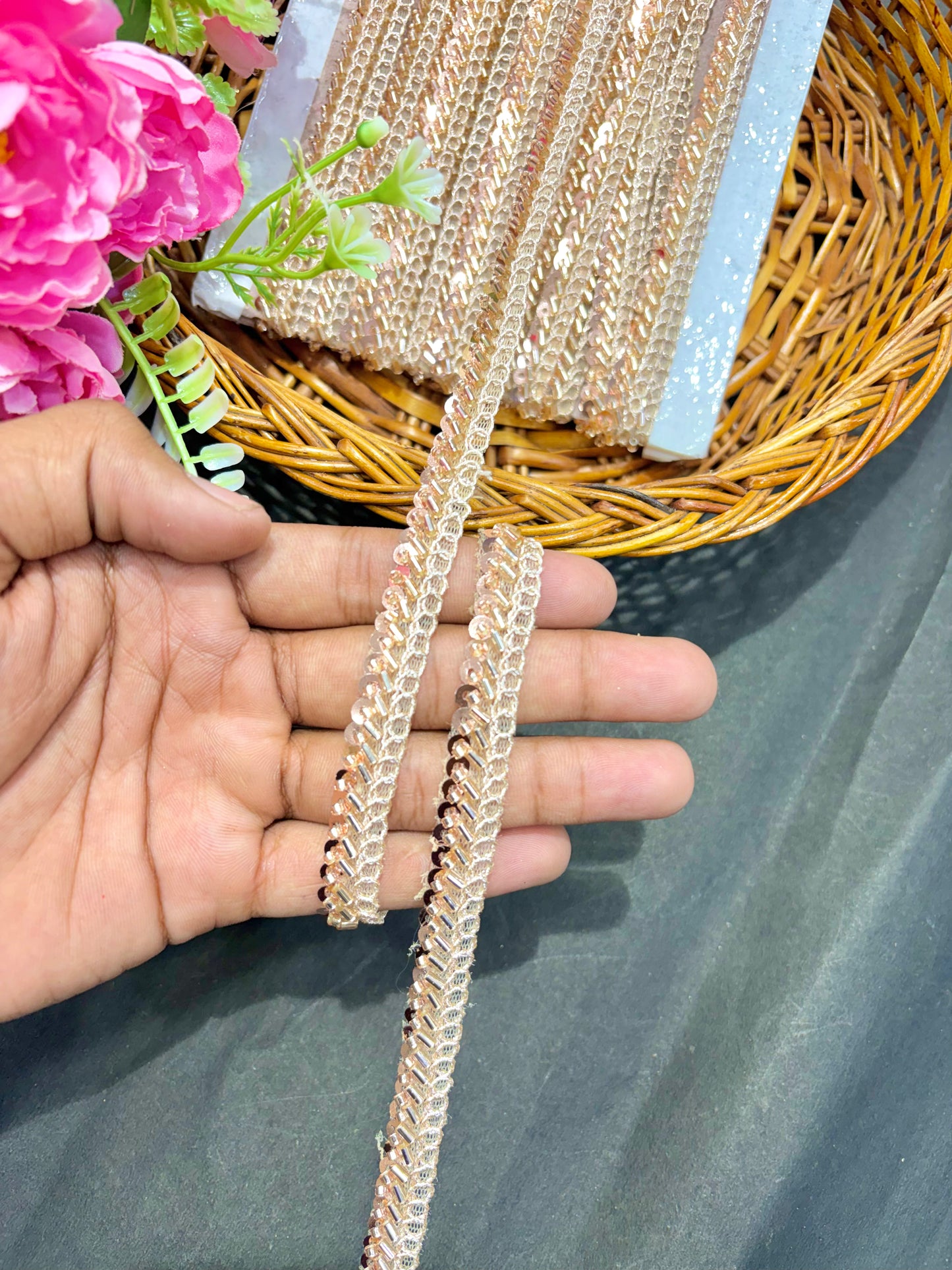 Handwork Lace Borders – Premium Quality, Intricate Embellishments for Sarees, Lehengas, Dupattas, and Luxury Home Decor - rose gold