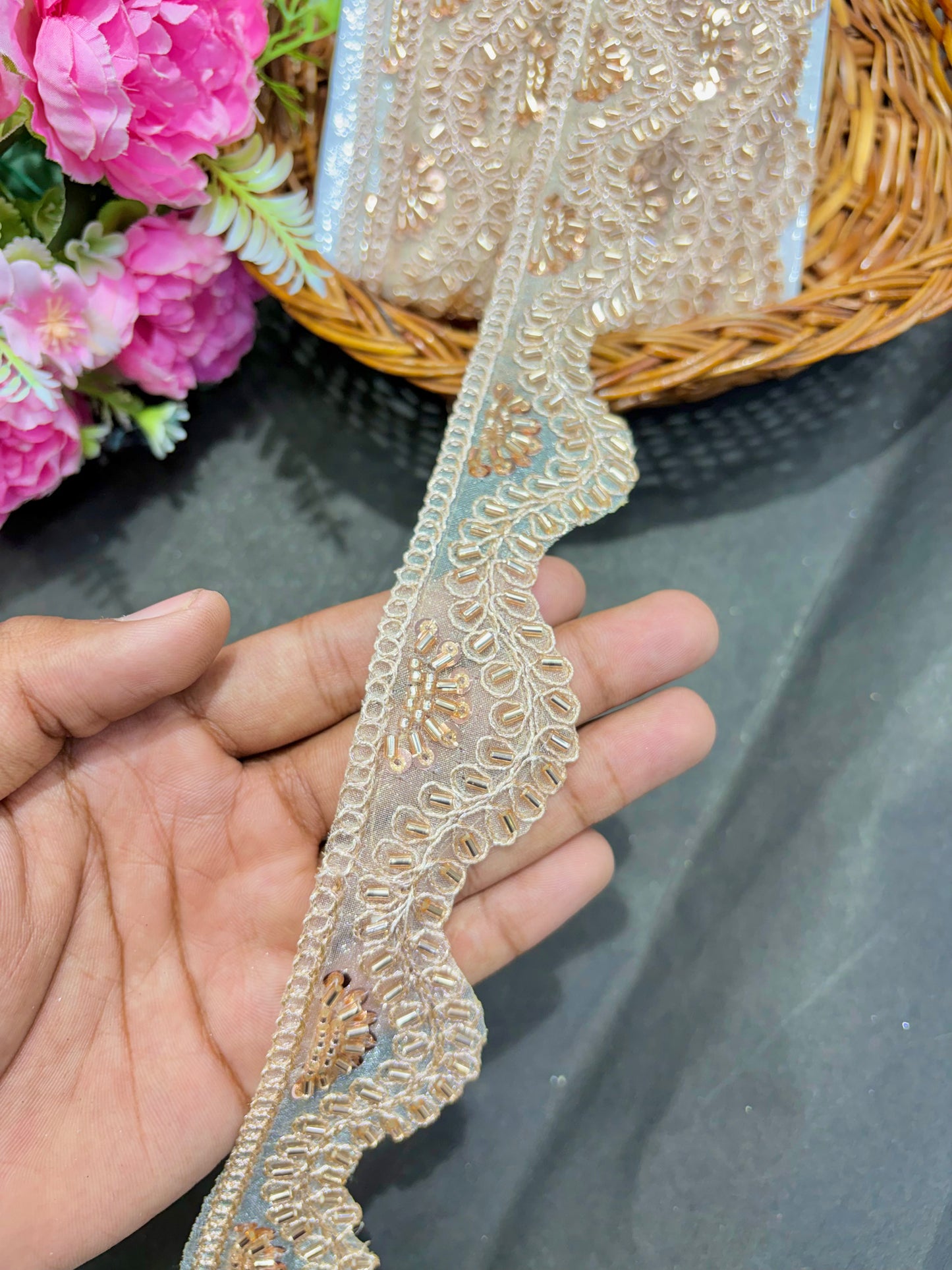 Handwork Lace Borders – Premium Quality, Intricate Embellishments for Sarees, Lehengas, Dupattas, and Luxury Home Decor - Gold pack of 9 merter rose gold