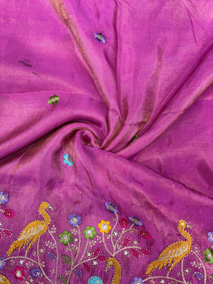 Exclusive pure viscouse tissue silk Peacock Garden Embroidered Fabric 44inch width