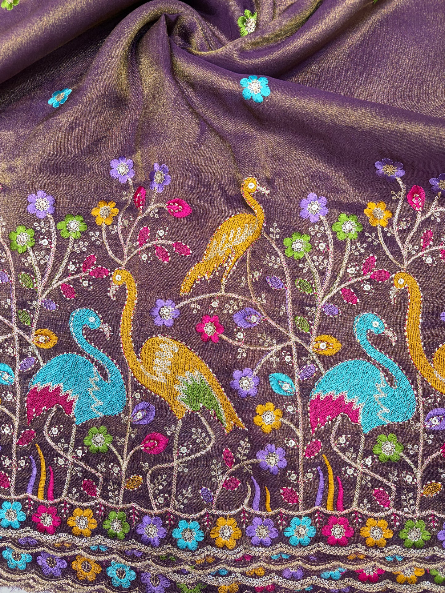 Exclusive pure viscouse tissue silk Peacock Garden Embroidered Fabric 44inch width DARD WINE