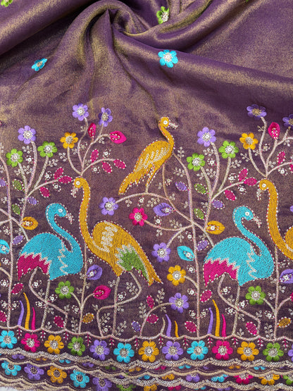 Exclusive pure viscouse tissue silk Peacock Garden Embroidered Fabric 44inch width DARD WINE