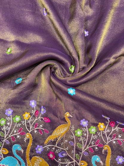 Exclusive pure viscouse tissue silk Peacock Garden Embroidered Fabric 44inch width DARD WINE