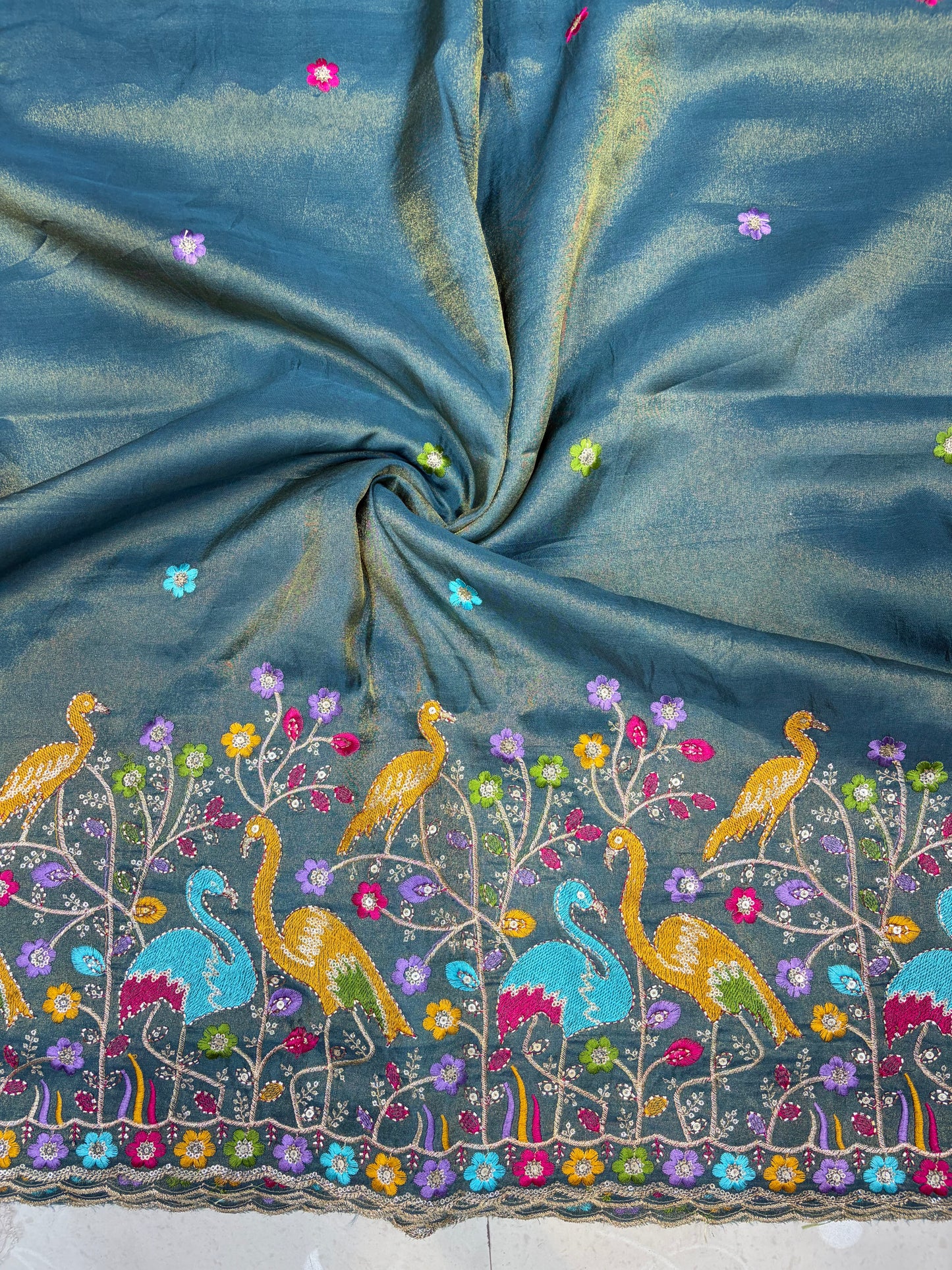 Exclusive pure viscouse tissue silk Peacock Garden Embroidered Fabric 44inch width