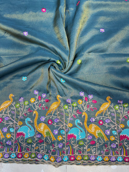 Exclusive pure viscouse tissue silk Peacock Garden Embroidered Fabric 44inch width