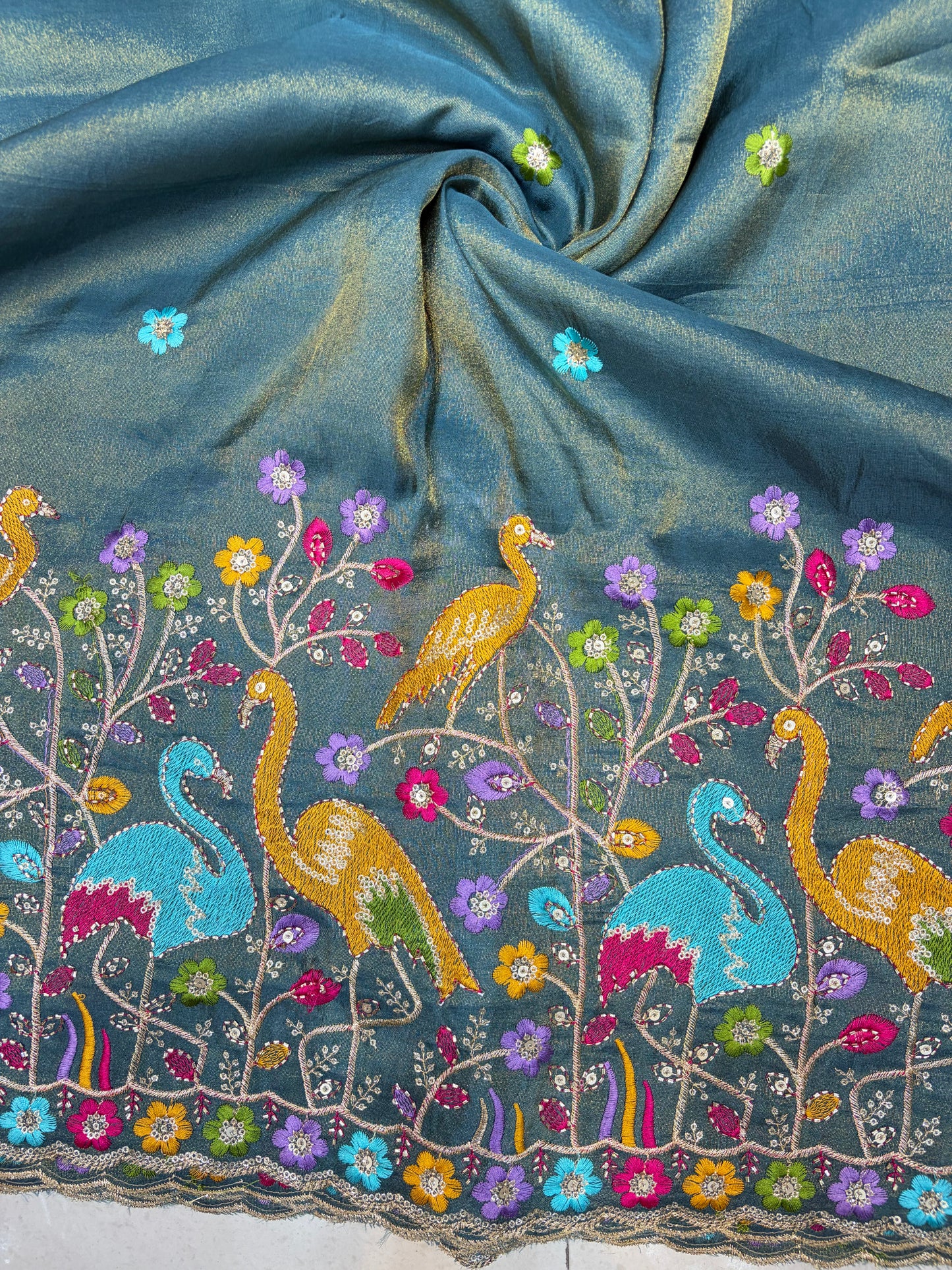 Exclusive pure viscouse tissue silk Peacock Garden Embroidered Fabric 44inch width