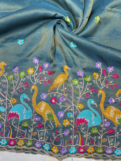 Exclusive pure viscouse tissue silk Peacock Garden Embroidered Fabric 44inch width