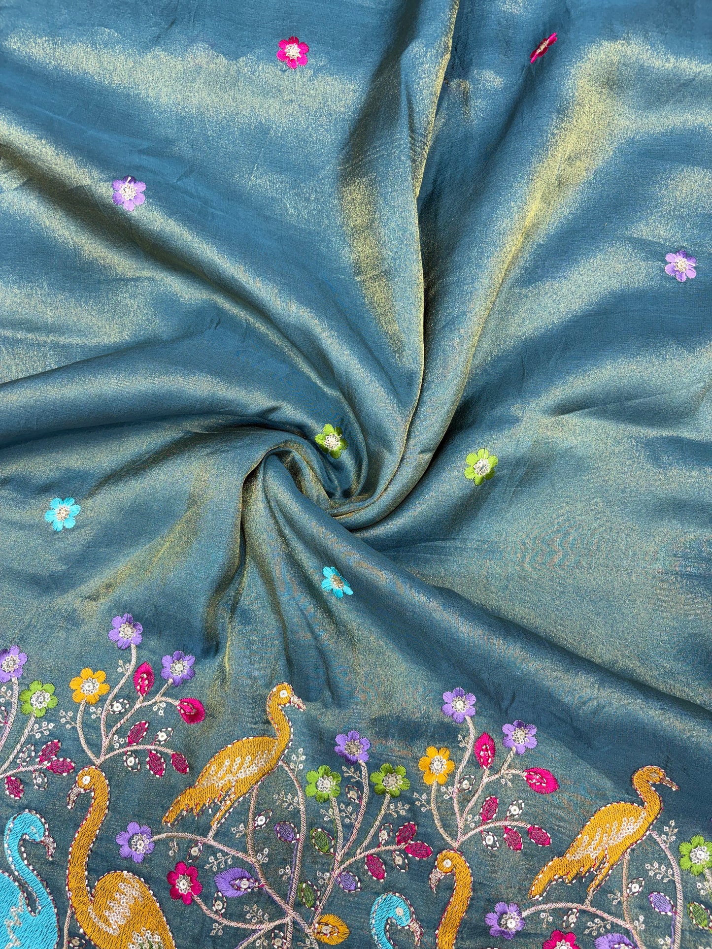 Exclusive pure viscouse tissue silk Peacock Garden Embroidered Fabric 44inch width