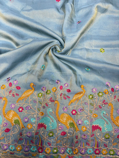 Exclusive pure viscouse tissue silk Peacock Garden Embroidered Fabric 44inch width DARD WINE