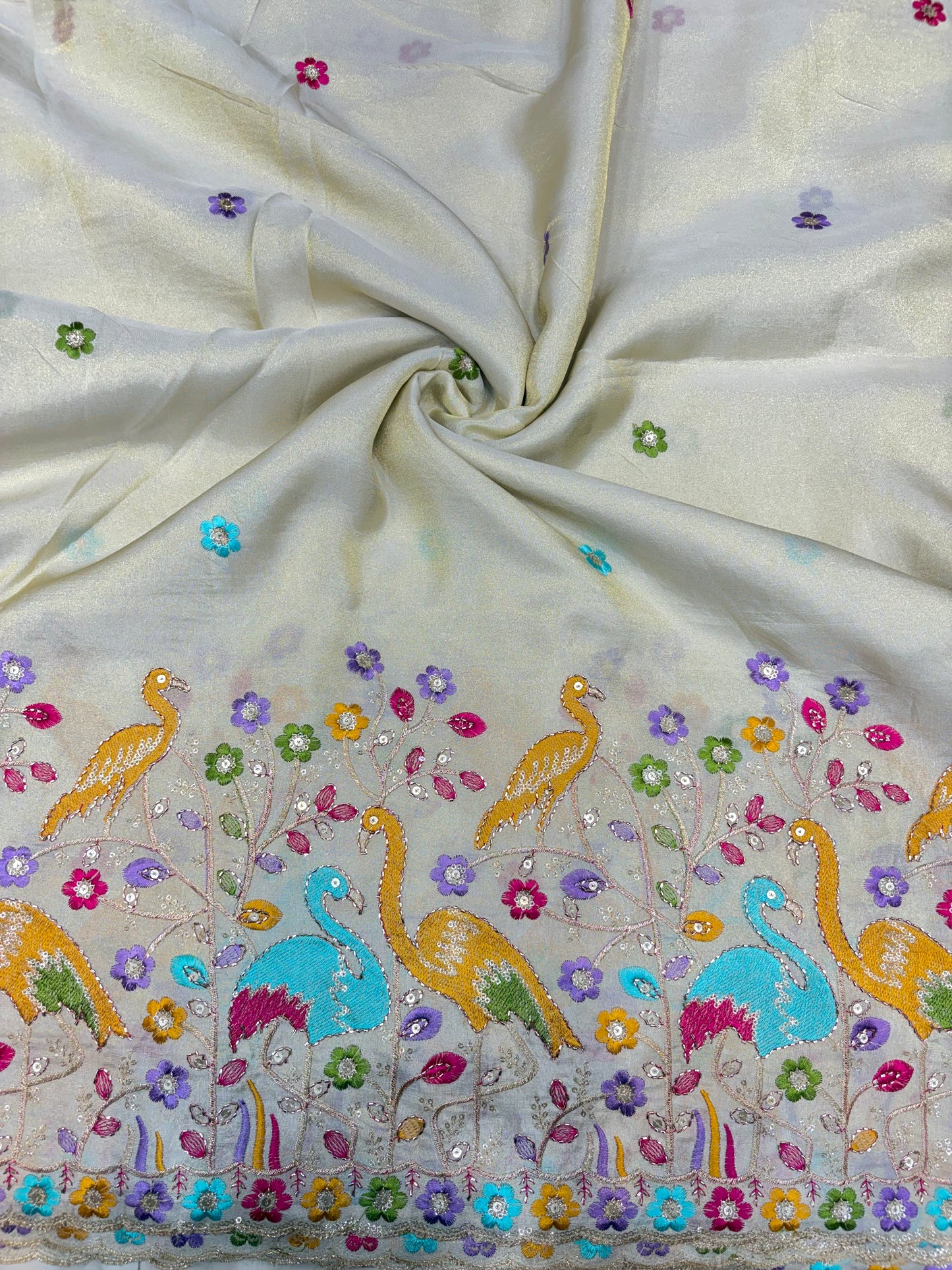 Exclusive pure viscouse tissue silk Peacock Garden Embroidered Fabric 44inch width  (DYBLE)