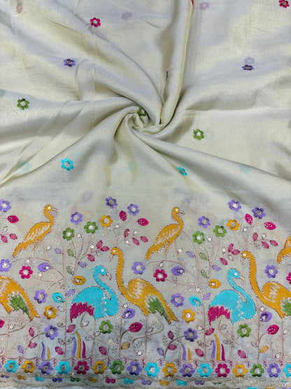 Exclusive pure viscouse tissue silk Peacock Garden Embroidered Fabric 44inch width  (DYBLE)