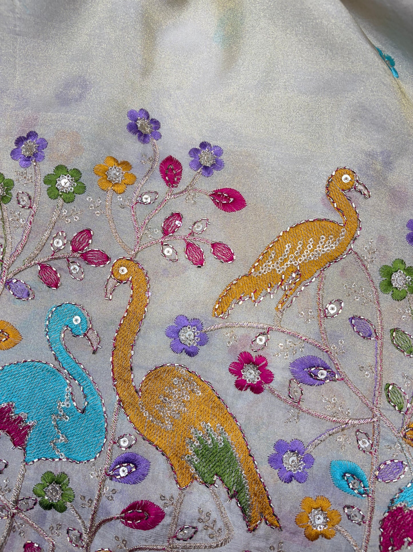 Exclusive pure viscouse tissue silk Peacock Garden Embroidered Fabric 44inch width  (DYBLE)