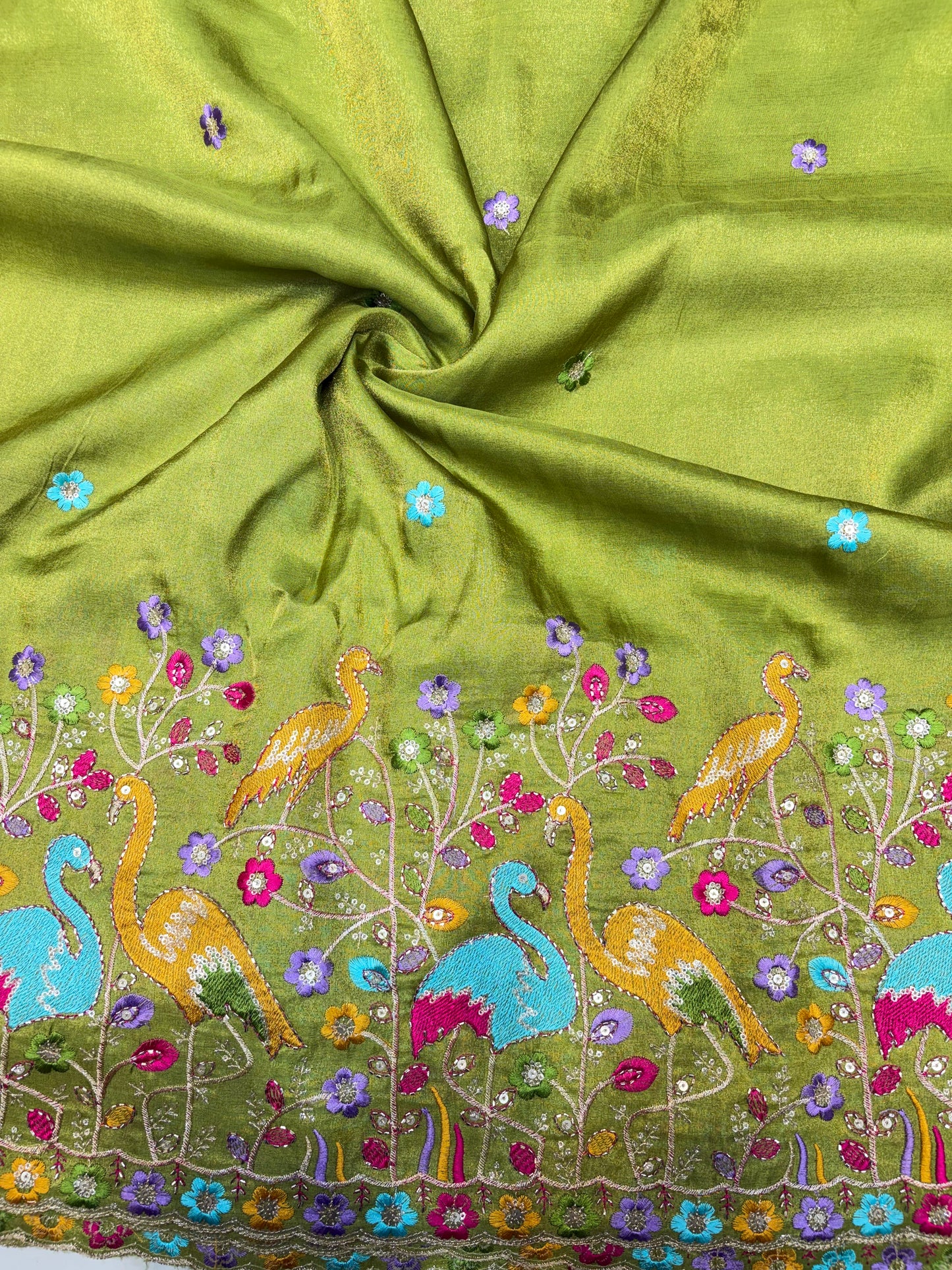 Exclusive pure viscouse tissue silk Peacock Garden Embroidered Fabric 44inch width