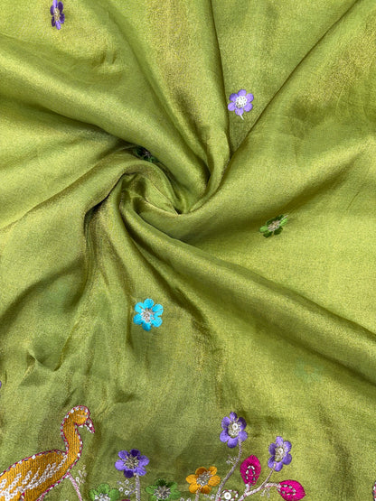 Exclusive pure viscouse tissue silk Peacock Garden Embroidered Fabric 44inch width