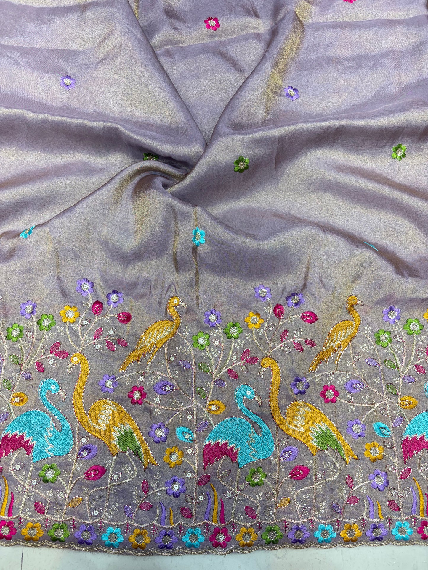 Exclusive pure viscouse tissue silk Peacock Garden Embroidered Fabric 44inch width  GREY