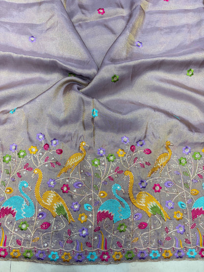 Exclusive pure viscouse tissue silk Peacock Garden Embroidered Fabric 44inch width  GREY