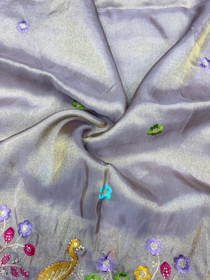 Exclusive pure viscouse tissue silk Peacock Garden Embroidered Fabric 44inch width  GREY