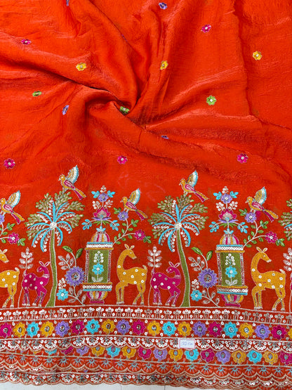 Premium Space Silk Fabric with Multi-Color Deer & Bird Embroidery. 44inch width ORANGE