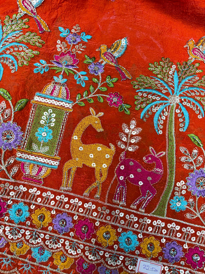 Premium Space Silk Fabric with Multi-Color Deer & Bird Embroidery. 44inch width ORANGE