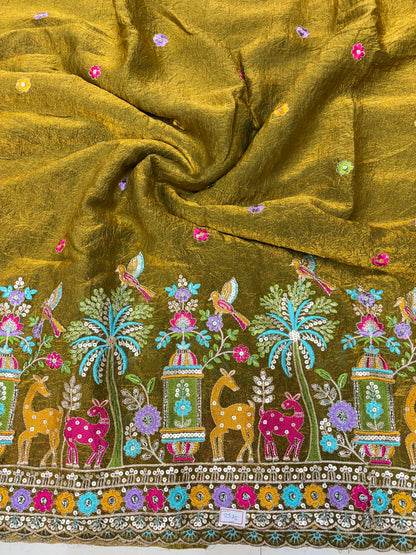 Premium Space Silk Fabric with Multi-Color Deer & Bird Embroidery. 44inch width
