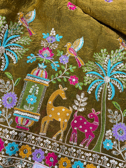Premium Space Silk Fabric with Multi-Color Deer & Bird Embroidery. 44inch width
