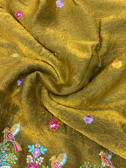 Premium Space Silk Fabric with Multi-Color Deer & Bird Embroidery. 44inch width