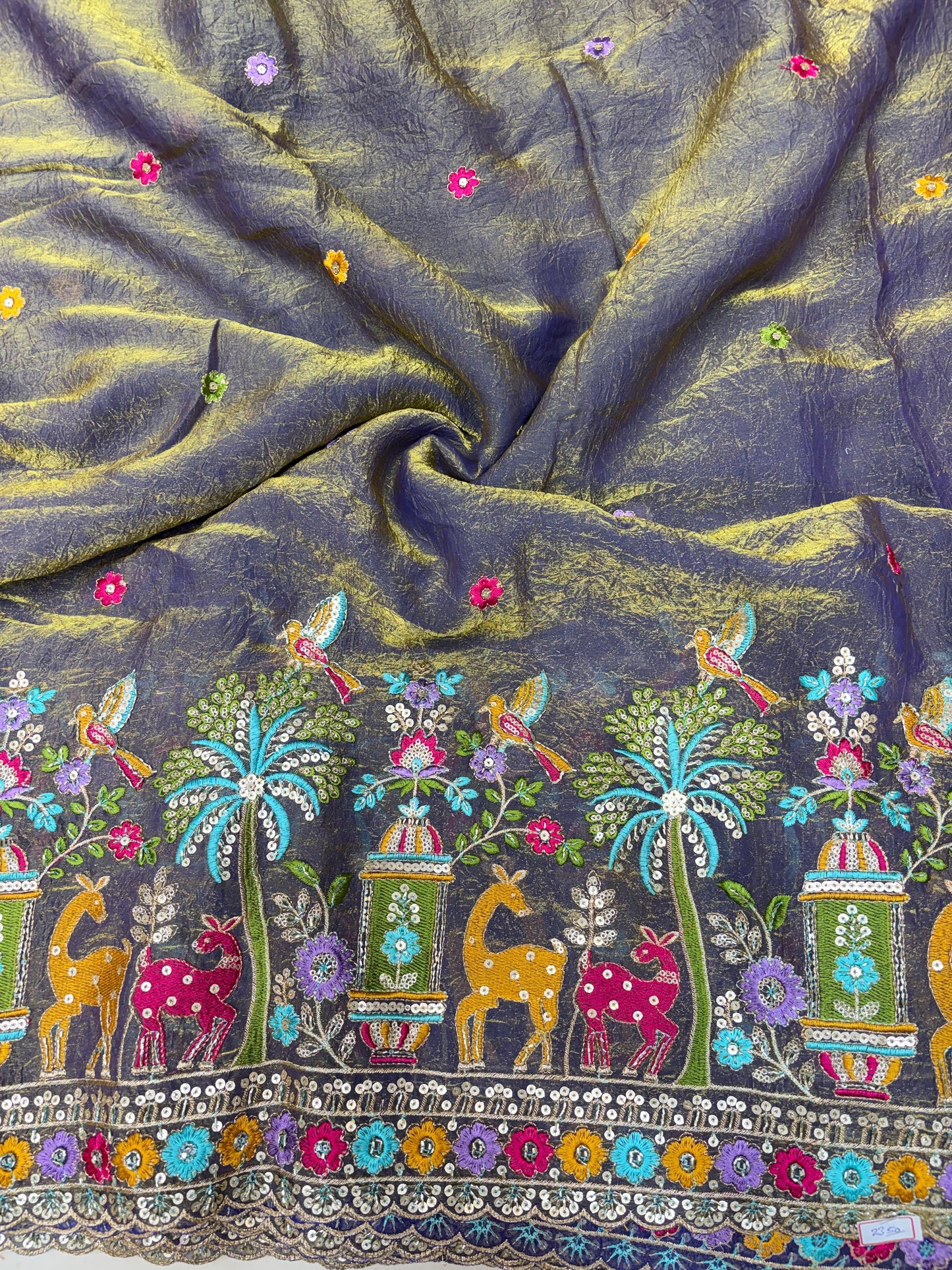 Premium Space Silk Fabric with Multi-Color Deer & Bird Embroidery. 44inch width