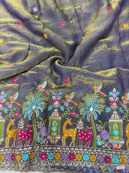 Premium Space Silk Fabric with Multi-Color Deer & Bird Embroidery. 44inch width