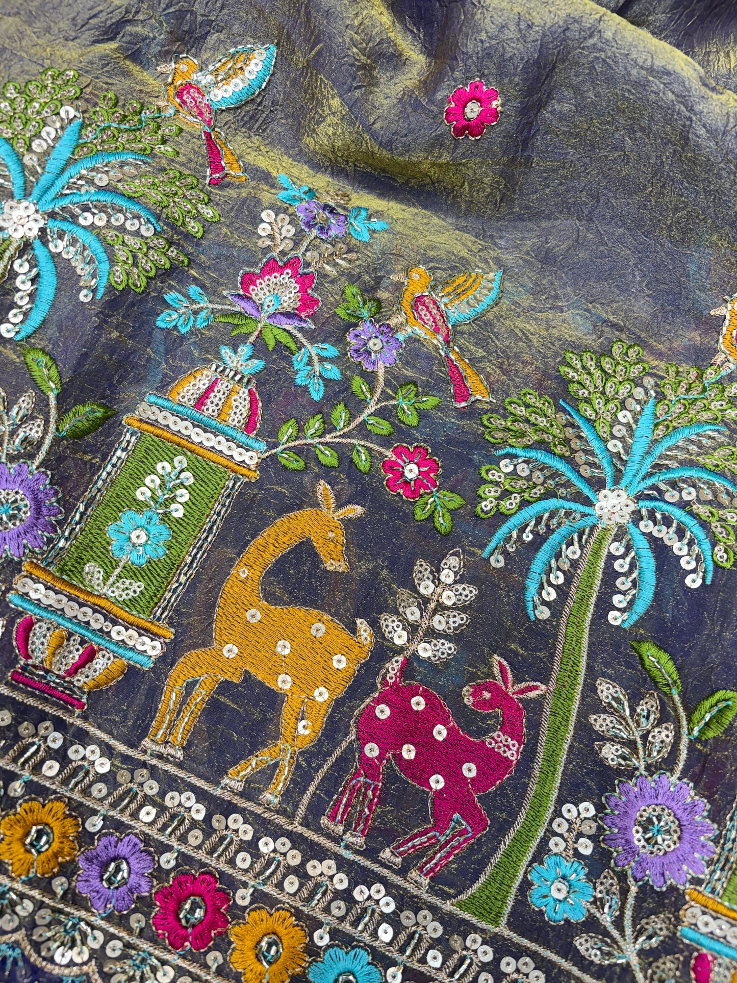 Premium Space Silk Fabric with Multi-Color Deer & Bird Embroidery. 44inch width